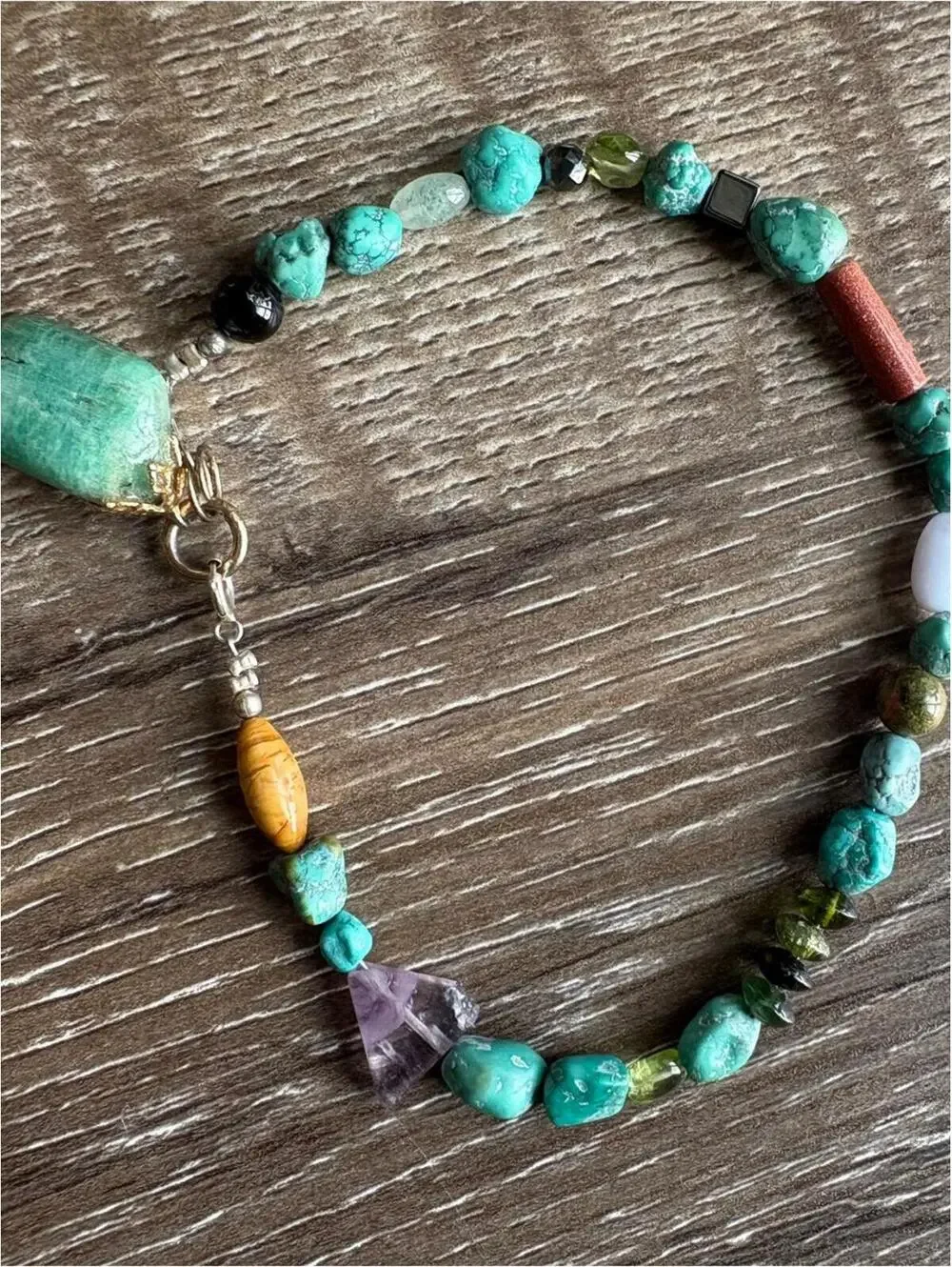 Turquoise Bead Bracelet with Green and Coral Accents